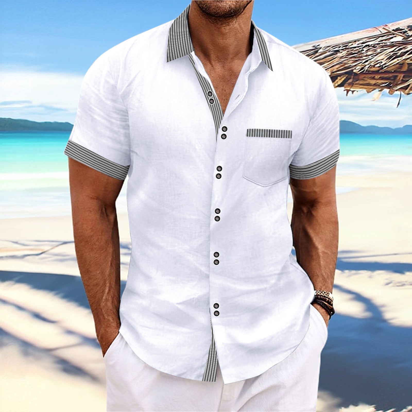 Striped Double Button Short Sleeve Casual Shirt